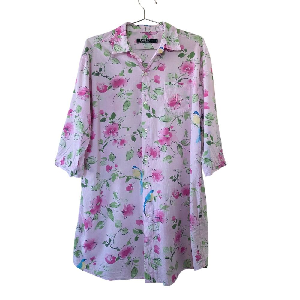 Lauren Ralph Lauren Button Down Sleep Shirt Pink Floral Birds Print Women Size M
